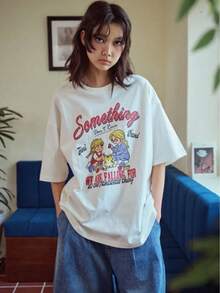 100% Cotton. Casual Short-Sleeved Printed T-Shirt. Women's Cotton T-Shirt With Anime Graphics, Crew Neck, Short Sleeves, Loose And Slim Fit, Summer Basic Top. Spring And Summer Top. - White - View 1