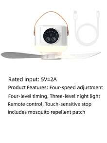 1pc Portable Mini Hanging Fan With Light, Camping Tent Fan With Remote Control, TYPE-C Rechargeable, 4-Speed Wind Adjustment And 3-Color Light Adjustable, Suitable For Outdoor Travel, School Dorm, Bedroom, Outdoor Camping, Holiday Gift - Multicolor - View 10