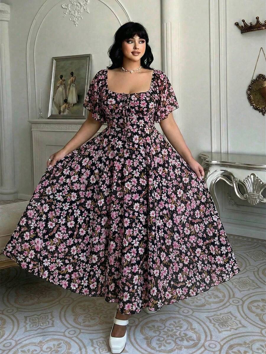 Lyrianda Vestido de verano casual y romántico con estampado floral pequeño para mujer talla grande - Negro - Ver 1