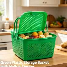 Oval Faux Rattan Plastic Picnic Basket With Lid, Double Opening Design, Large Capacity Handheld Storage Basket For Outdoor Camping, Picnic, Snacks, Fruit, Toys And Miscellaneous Items - Multicolor - View 5