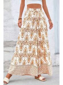 [Free Shipping]Women Wide Leg Pants Casual High Waist Floral Palazzo Pants For Women Flowy Lounge Boho Beach Trousers Pockets Women's Wide Leg - 卡其色 - 查看 5
