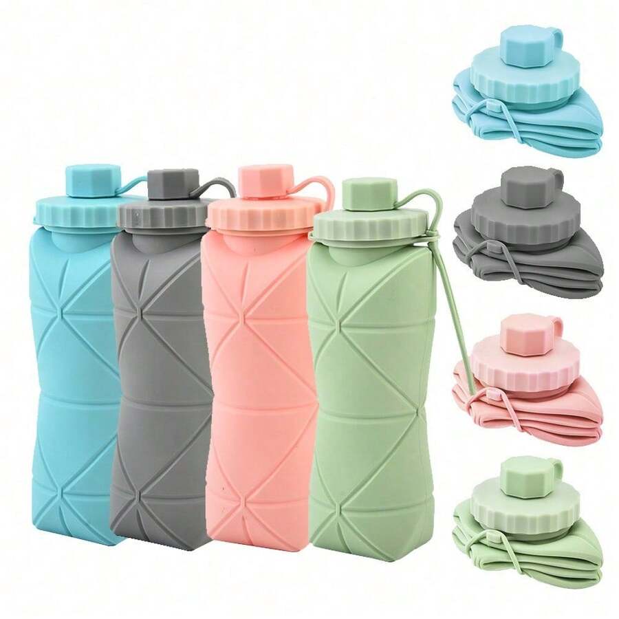 1pc 600ml Silicone Folding Bottle Adult Portable Reusable Plastic Cups Outdoor Travel Gym Bottle Motivational Drinking Bottle - 彩色 - 查看 1