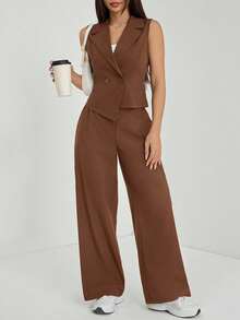 PETITE Conjunto de 2 piezas de ropa de otoño, top sin mangas de unicolor y pantalones - Marrón 2 - Ver 1