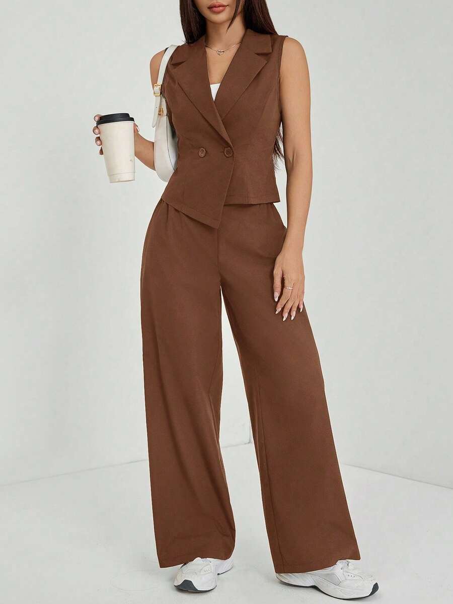 PETITE Conjunto de 2 piezas de ropa de otoño, top sin mangas de unicolor y pantalones - Marrón 2 - Ver 1