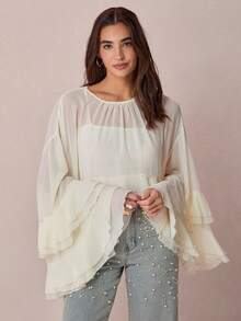 2026 Blusa de manga acampanada de unicolor elegante para la oficina y el ir y venir para mujeres - Albaricoque - Ver 1