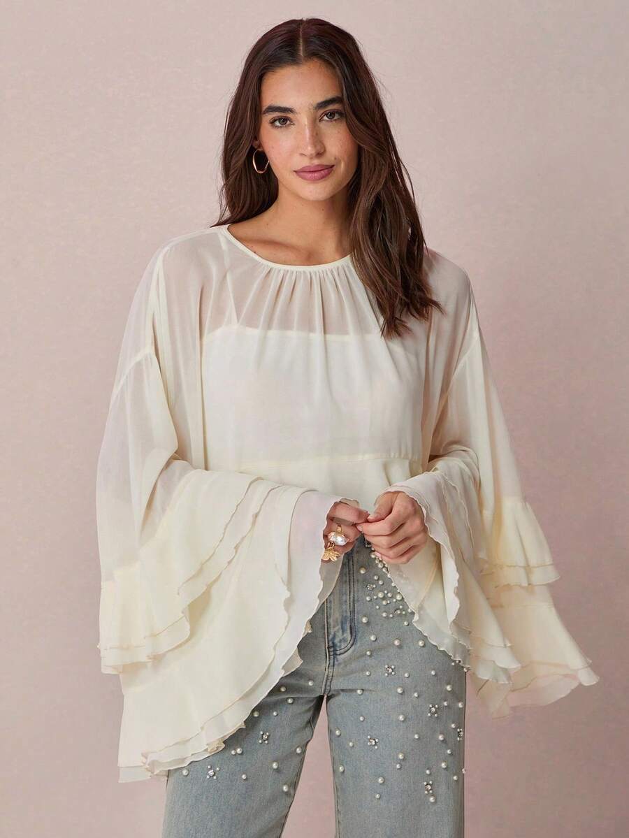 2026 Blusa de manga acampanada de unicolor elegante para la oficina y el ir y venir para mujeres - Albaricoque - Ver 1