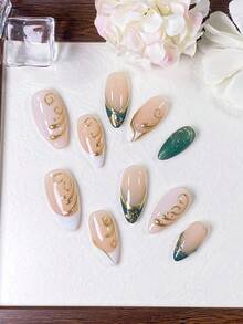 10 Pieces Of Handmade Press On Nails, Green Cat's Eye Design, Green French-Style Fingertip Manicure With Gold Flowers And Golden Floral Stem Vines. Stylish, Elegant, Fresh Summer Nail Art. Perfect For Everyday Dates And Parties With Fake Nails. - Green - View 4