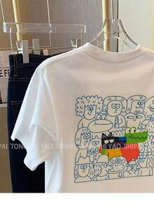 Cute Y2K-Style Summer Top. 1pac. Cute Y2K-Style Summer Top. 100% Cotton Women's Casual White T-Shirt - New For Summer 2024, Loose Fit, Round Neck And Fun Cartoon Print, Lightweight Machine Washable Top, Youthful Design, Non-See-Through Fabric, Unisex. Perfect For Casual Wear. - 白色 - 查看 6