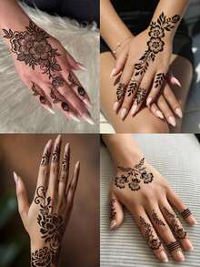 4 piezas Pegatinas de tatuaje temporal impermeable con patrón floral de henna negra, tatuaje de mano mandala, adecuado para maquillaje de mujer, boda, festival, Día de San Valentín, ropa, regalo de fiesta, estilo boceto - Multicolor - Ver 7