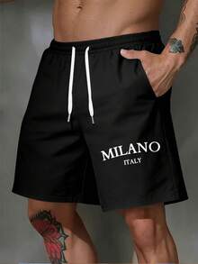 MILANO ITALY Letter Pattern Men's Shorts, Casual Pants With Pocket Strings, Polyester Fabric, Outdoor Sports Shorts, Surfing Shorts - Black - View 4
