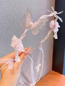 1pc Fashionable Exquisite Rhinestone Mesh Butterfly Flower Tassel Pearl Ribbon Thin Headband - Baby Pink - View 3