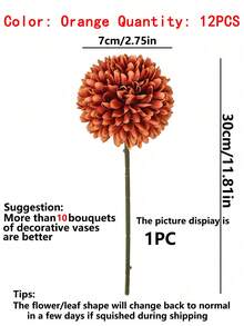 1/2/5件裝人造球花、菊花、刺繡球花，婚禮裝飾、居家花瓶裝飾、桌面花藝擺飾，適用客廳、臥室、床頭花藝布置，新娘手捧花、腕花、胸花材料，生日派對裝飾材料，新年情人節禮物 - 亮橙色 - 查看 8