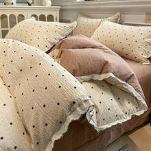 4-Piece Ruffled Duvet Cover Set, Soft And Comfortable Bedroom Bedding, Ruffled Design With Cute Floral And Cartoon Animal Patterns, Breathable And Soft All-Season Bedding Set, Includes 1 Duvet Cover, 1 Bed Sheet, 1 Or 2 Pillowcases, No Filling, Suitable For Bedroom, Dorm, Home Use, Multiple Size Options - Maroon - View 9