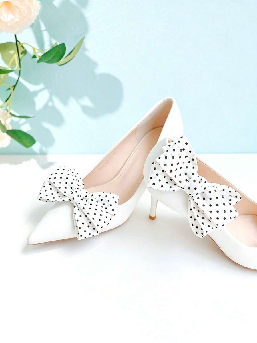 1 par de clips de zapato con lazo desmontable de 3 capas, accesorios con opciones de lunares blancos y lunares negros, de moda y elegantes, adecuados para tacones altos, zapatos de salón, zapatos planos, zapatos de negocios y zapatos de boda - Blanco - Ver 1
