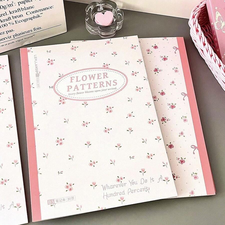 Cuaderno Floral Rosa de 9.8*6.89 Pulgadas, Diario con Portada Colorida, Planificador Simple, Cuaderno de Oficina/Hogar, Portátil, Útiles Escolares, Cuaderno de Líneas Simples para Estudiantes - B5 - Ver 1