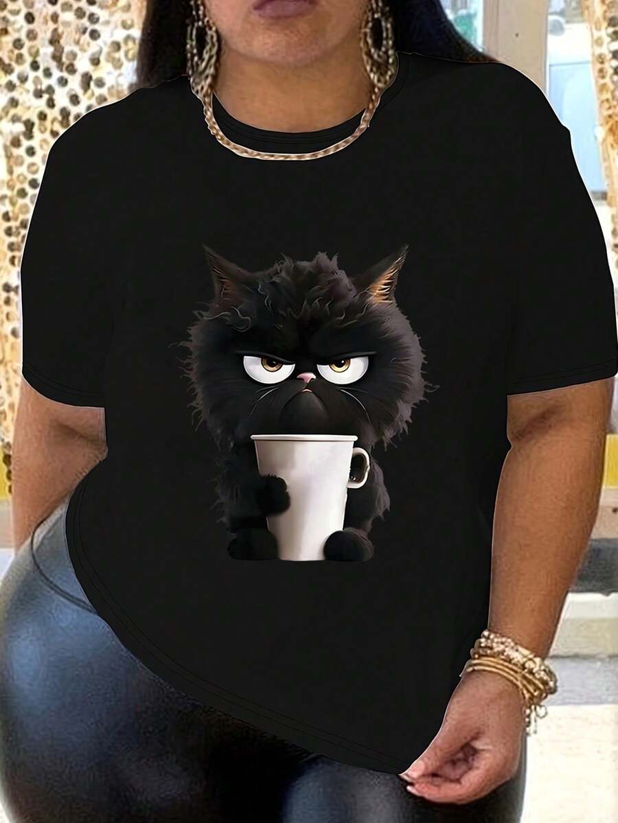 Plus Size Summer Short-Sleeved Crew Neck T-Shirt With Cat Print, In Black - 黑色 - 查看 1