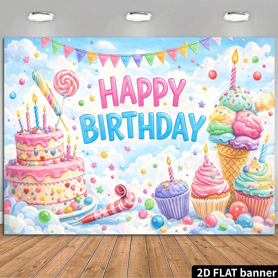 2D Flat Birthday Party Banner Background, Happy Birthday Theme, Featuring A Double-Layer Cream Cake, Cupcakes, Ice Cream Cones, Lollipops, And Colorful Triangular Pennant Flags, Paired With Candy Polka Dot Star Decorative Elements. Made From Durable, Backdrop, Party Decoration Backdrop, Tapestries, Tapestry,, Home Decor. - Nhiều màu - Xem 1