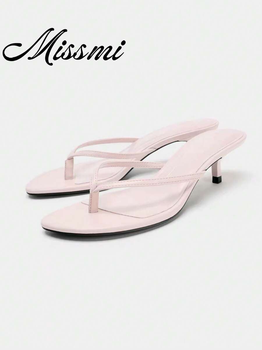 Sandal Wanita Gaya Prancis Musim Panas Baru Kulit dengan Tali Jari Kaki dan Hak Kitten, Sandal Jepit