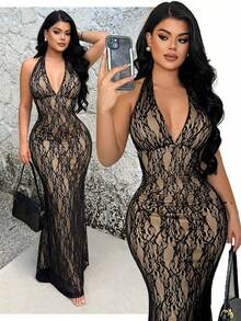 Vestido de fiesta sexy con cintura ceñida y escote de encaje para mujer de talla grande - Negro - Ver 1