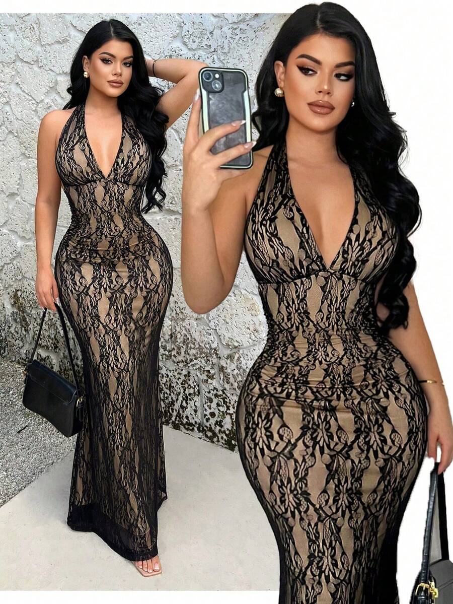 Vestido de fiesta sexy con cintura ceñida y escote de encaje para mujer de talla grande - Negro - Ver 1