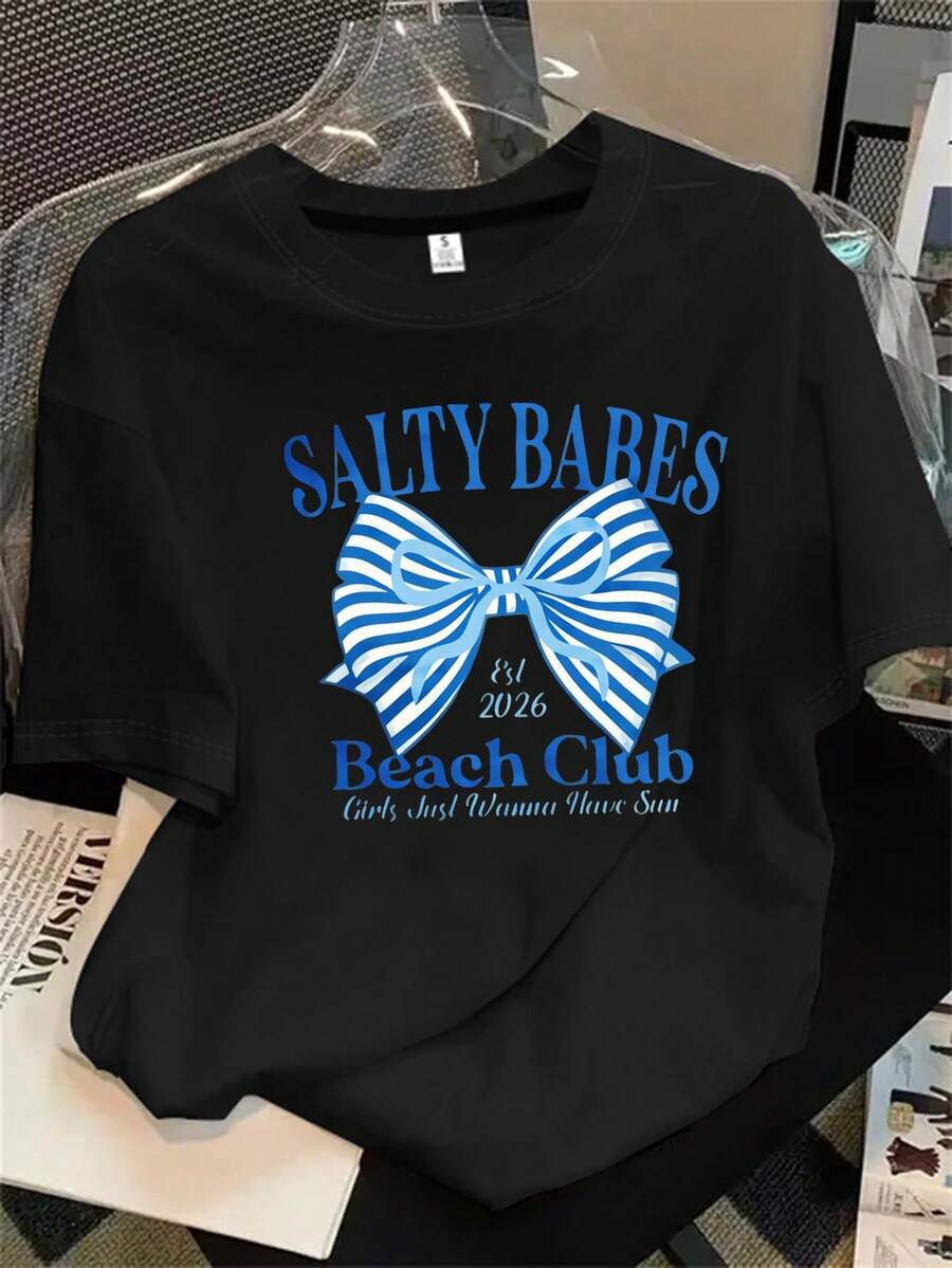 Top de mujer de manga corta y cuello redondo con estampado de lazo a rayas blancas sobre fondo apto para todas las estaciones. - Negro - Ver 1