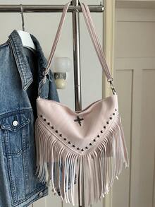Bolso bandolera de cuero retro de moda, bolso de hombro estilo bohemio con flecos y remaches, cartera cuadrada casual, bolso de mensajero adecuado para viajes y uso diario, bolso bandolera d - Rosa Pálido - Ver 12