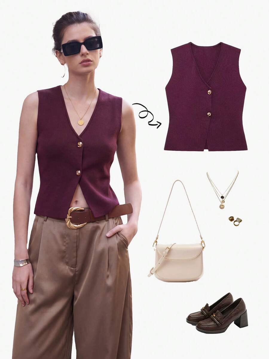 Chaleco de punto sin mangas con cuello en V y botones dorados de moda casual para mujer YROOE