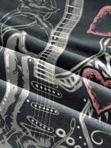 Women's Heart & Guitar Contrast Color Pattern Comfortable Round Neck Casual Street Wear Top, Suitable For Daily Street Style - Multicolor - View 4