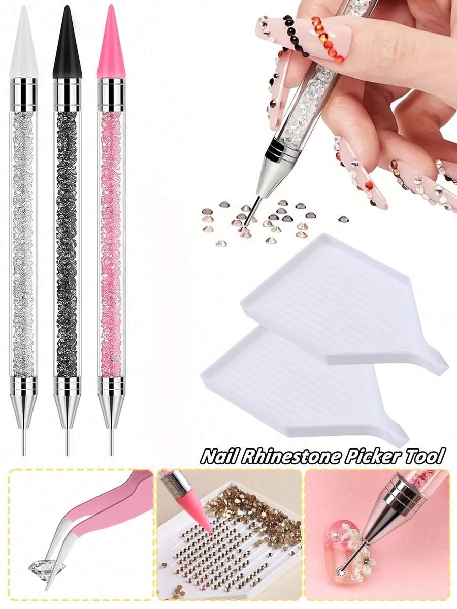 2-In-1 Rhinestone Dotting Pen: Dual-Head Design, Crystal Material Rhinestone Dotting Pen With Crystal Handle, Perfect For Nail Art Creation And DIY Decoration, Rhinestone Dotting Brush And Sorting Tray For Nail Art. Self-Adhesive Rhinestone Dotting Brush And White Rhinestone Storage Tray On Both Ends Suitable For DIY Rhinestone Crafts And Rhinestone Painting. Nail Art Decoration Tool. Plastic Rhinestone Nail Art Accessory Sorting Tray | Rhinestone Jewelry Sorting And Organizing Tray DIY Handmade Rhinestone Accessory Tool Nail Salon Tool - White - View 1
