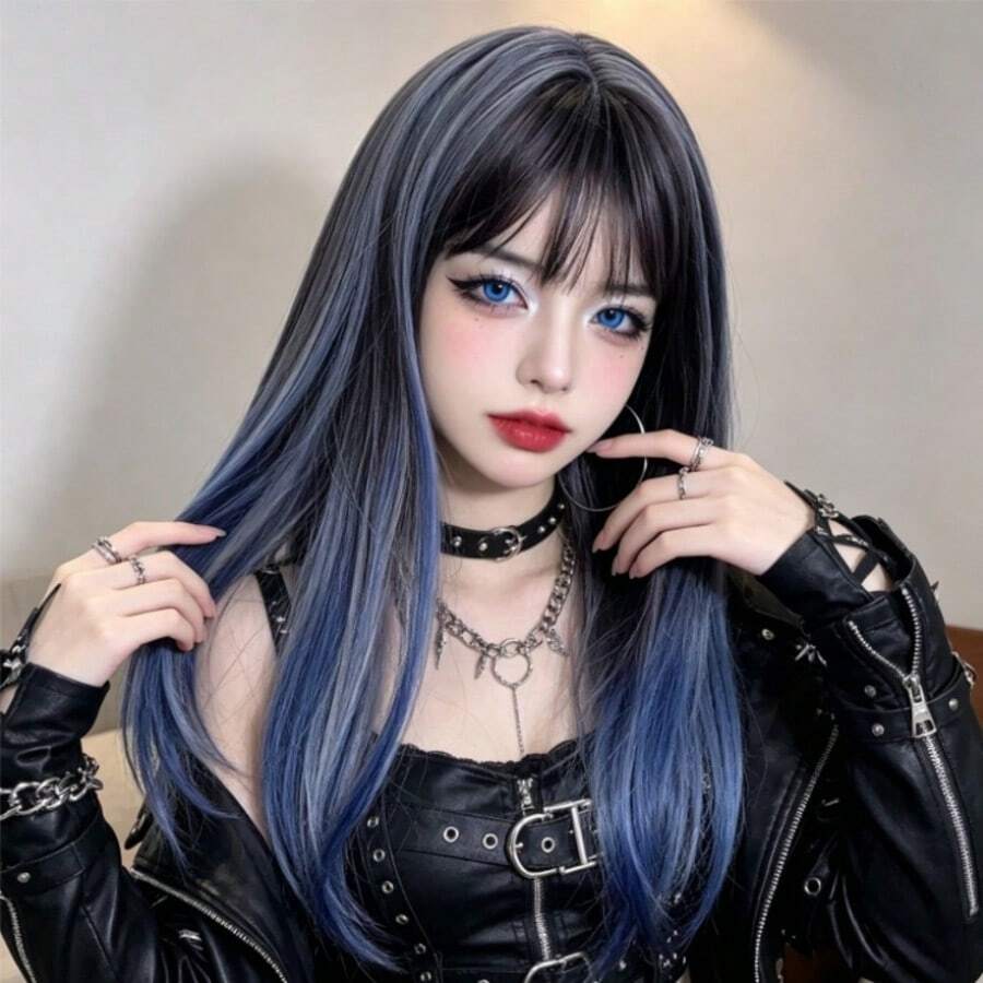 Y2K哥德風漸層長直假髮,18吋附輕盈瀏海合成髮,適合萬聖節Cosplay服裝派對日常配戴 - 彩色 - 查看 1
