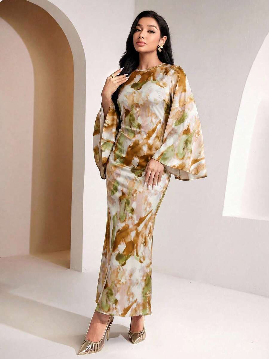 xheVeilorie Vestido de mujer con mangas tipo poncho y estampado de teñido anudado elegantexhe - Amarillo - Ver 1