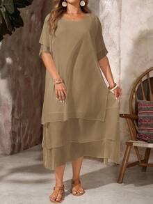 Vestido casual de talla, cuello redondo, sin botones, bajo asimétrico y fluido, estilo bohemio, adecuado para primavera y verano - Camel - Ver 1