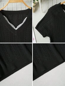 复古别致黑色扭结针织毛衣，蕾丝拼接V领，娇小款设计，尽显优雅气质 - 黑色 - 查看 8