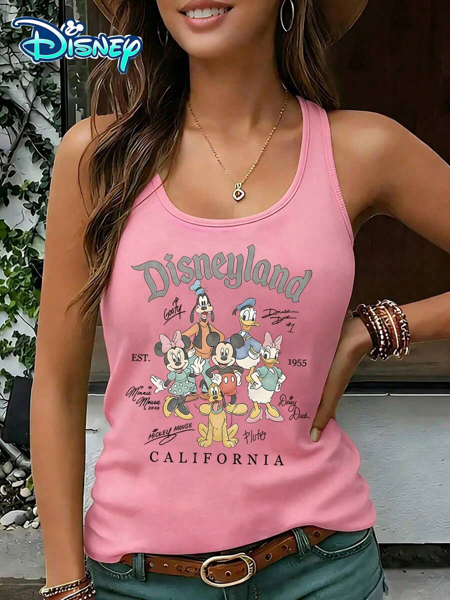 Disney Official Authorization | Women's Casual Round Neck Sleeveless Vest. Taking Disneyland In California As The Theme, Paired With Mickey Family Signatures And Vintage Prints Of "California", It Is Both Retro And Collectible. It Is An Exclusive Item For Park Check-In And An Ideal Choice For Fans To Collect. - Hồng - Xem 1