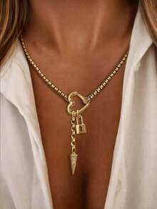  1PC Gold HeartBuckle With Multi Droplet-Shaped Pendant Necklace, Lock Droplet Diamond Chain,Luxury Style For Ladies' Exquisite Holiday Party Gift - Yellow Gold - View 5