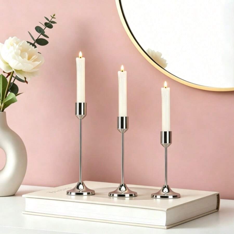 3pcs Silver Elegant Candlestick, Suitable For Wedding Party Dining Table Centerpiece Decor, Banquet Atmosphere Candle Holder, Versatile Metal Candle Stand, Dining Table Centerpiece, Party Hotel Holiday Scene (Candles Not Included) - Versatile - View 1