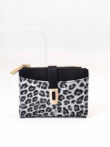 Classic Fashion Leopard Print Patchwork Short Wallet, Compact And Lightweight PU Wallet With Card Slots And Snap Closure - Black - View 11