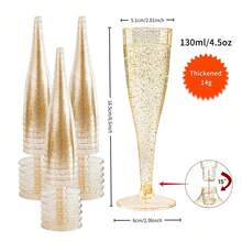 25/50pcs Elegant Reusable Plastic Champagne Flutes - 130ml/4.5oz Gold Glitter Glasses With Stem & Rim, ,Durable & Stylish For Weddings, Parties, Thanksgiving, Christmas, Halloween, New Year Party - trong suốt - Xem 4
