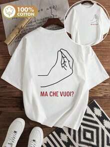 Vintage Oversized Damen "Ma Che Vuoi" Handgeste Print T-Shirt, 100% Baumwolle Rundhals Top - White - View 1