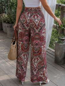 Quần ống rộng nữ cạp cao xếp ly họa tiết hạt điều, vải linen không co giãn, phong cách Bohemian casual, phù hợp mặc hàng ngày đi du lịch mùa hè - Đỏ - Xem 2