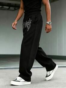 Men's Casual Loose Straight Leg Printed Sweatpants, Spring/Summer - Black - View 3
