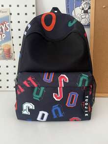 1 pieza Mochila casual de nailon con cierre de cremallera y estampado de letras, adecuada para estudiantes y uso diario en todas las estaciones, unisex - Blanco - Ver 9