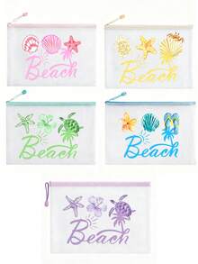 時尚防水PVC沙灘包，印有「Beach」彩色字母，A4尺寸，透明化妝包配尼龍拉鍊，適合游泳、潛水和夏季度假，輕巧，適合年輕男女，沙灘包配件，旅行必需品，度假必需品，返校用品盥洗包，大容量洗澡包，女性母親節教師節禮物，郵輪必需品 - 彩色 - 查看 10