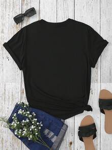 Camiseta estampada moderna y artística |   Camiseta casual de manga corta y cuello redondo, adecuada para primavera y verano, ropa de mujer, perfecta para uso diario y como regalo para las fiestas. Calidad premium. - Negro - Ver 3