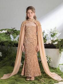 Váy dự tiệc tay áo choàng chiffon đính sequin cho bé gái tuổi mới lớn - Rượu sâm banh - Xem 5