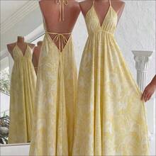 Women's Summer Vacation Style Printed Open Back Drawstring Dress - Amarillo - Ver 7