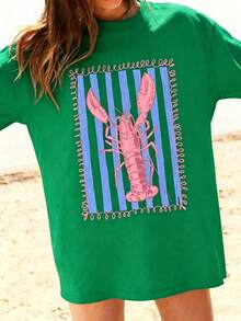 Graphic Women T‑Shirts,Women'S Pink Lobster And Blue Striped T-Shirt | White Casual Summer Beach Wear, Vertical Stripes And Wave Print, Pink Lobster D - 綠色 - 查看 8