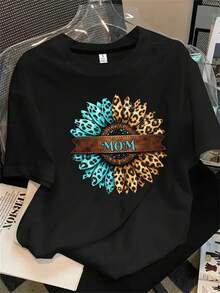 Top de mujer de manga corta y cuello redondo con una flor de estampado de leopardo y la palabra "Mamá" impresa, apto para todas las estaciones. - Negro - Ver 1