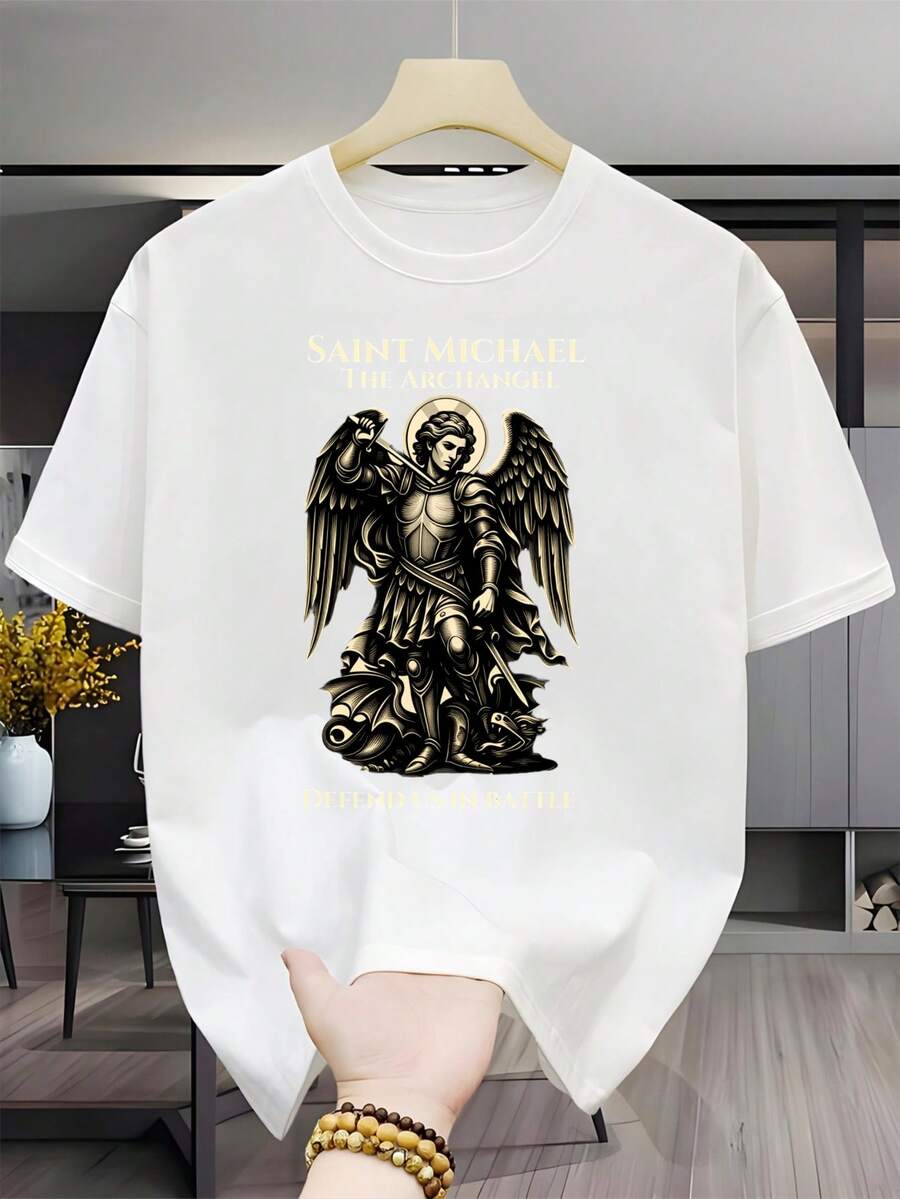 Hommes T Chemise Archange Saint Michel Catholique - Armure de combat spirituel à motif angélique exquis T Chemise,Haut décontracté à manches courtes et col rond respirant,Convient aux églises,Vêtements de tous les jours et cadeaux religieux. - Blanc - Voir 1