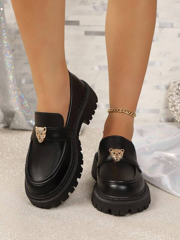 2026 New Black Thick-Sole Slip-On Loafers For Women, Fashionable Solid Color Retro Platform Casual Shoes, Round Toe Mary Jane Shoes For Commuting & Daily Wear